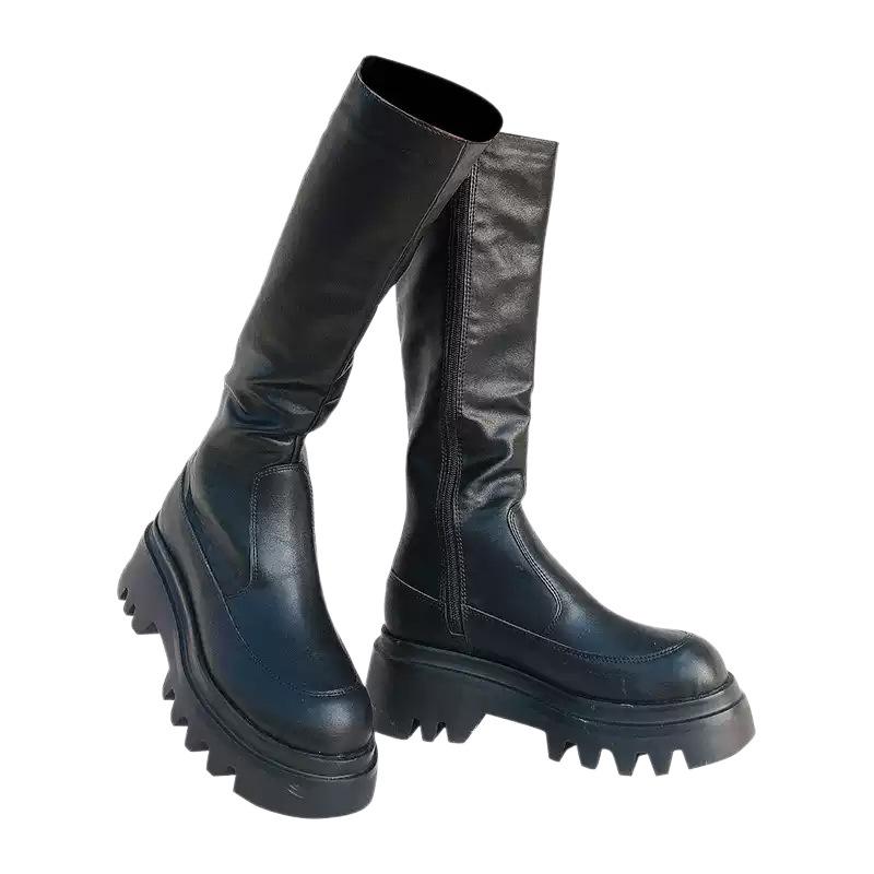 Elastic Platform Chunky Heel Over-the-Knee Women's Dark Slimming Leather Boots - Trendy and Cool Long Boots