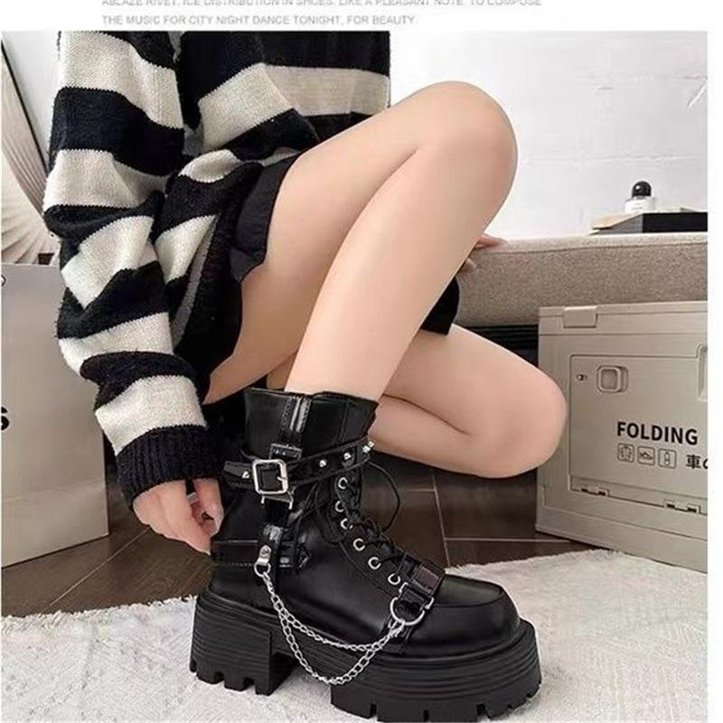  Chain Decor Platform Martin Boots Women Lace Up Side Zipper Ankle Boots