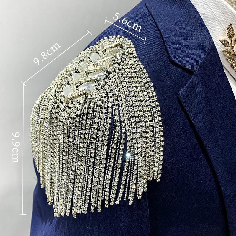 1Pc Rhinestone Beaded Epaulette Punk Coat Suit DIY Chain Tassel Badge Shoulder Patches Appliques Tassel Trim Crystal Decor