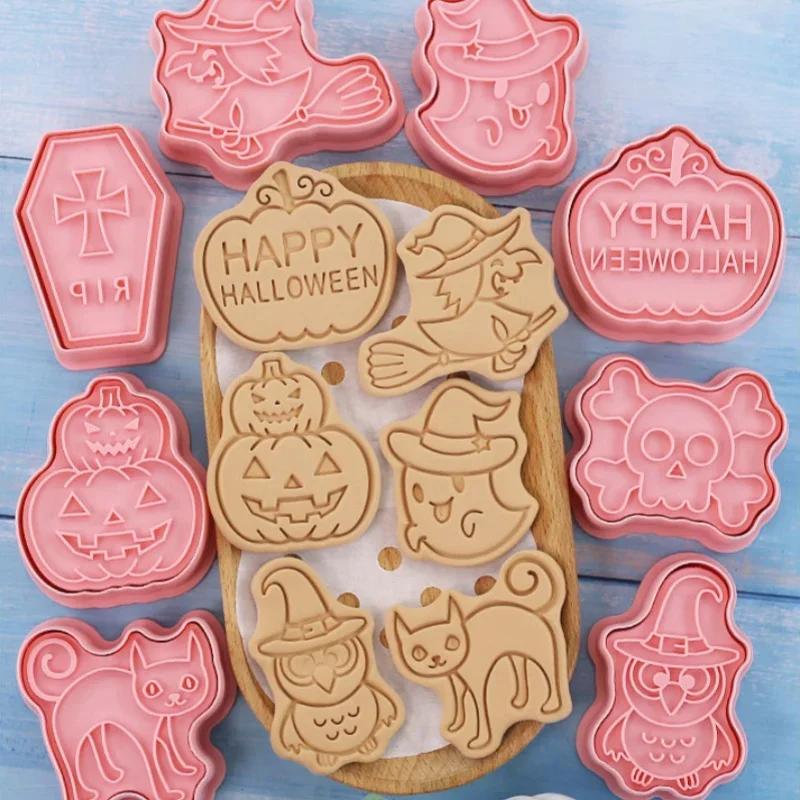Halloween Plastic Cookie Cutters Pumpkin Cartoon Pressable Biscuit Molds Confectionery Fondant Cookie Stamps Baking Pastry Tools