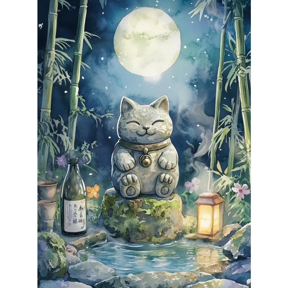 Canvas  Japanese Black Cat Bathing Moon Lucky Cartoon Illustration Retro Poster Wall Art Pictures Home Decor Wall Decor