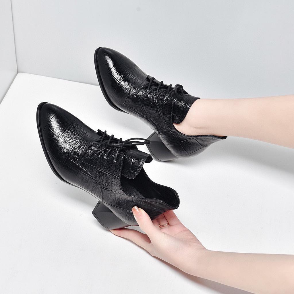 Fashion pointed deep mouth single shoes autumn new high heels lace-up plaid cowhide thick heel women's shoes