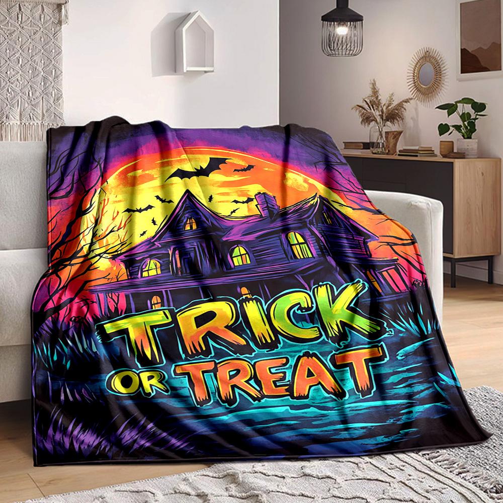 1pc Trick or Treat Blanket, Lightweight Flannel Fleece with Digital Printing, Soft Warm for Sofa, Travel, Camping, Office, Couch, Chair, and Bed, All-