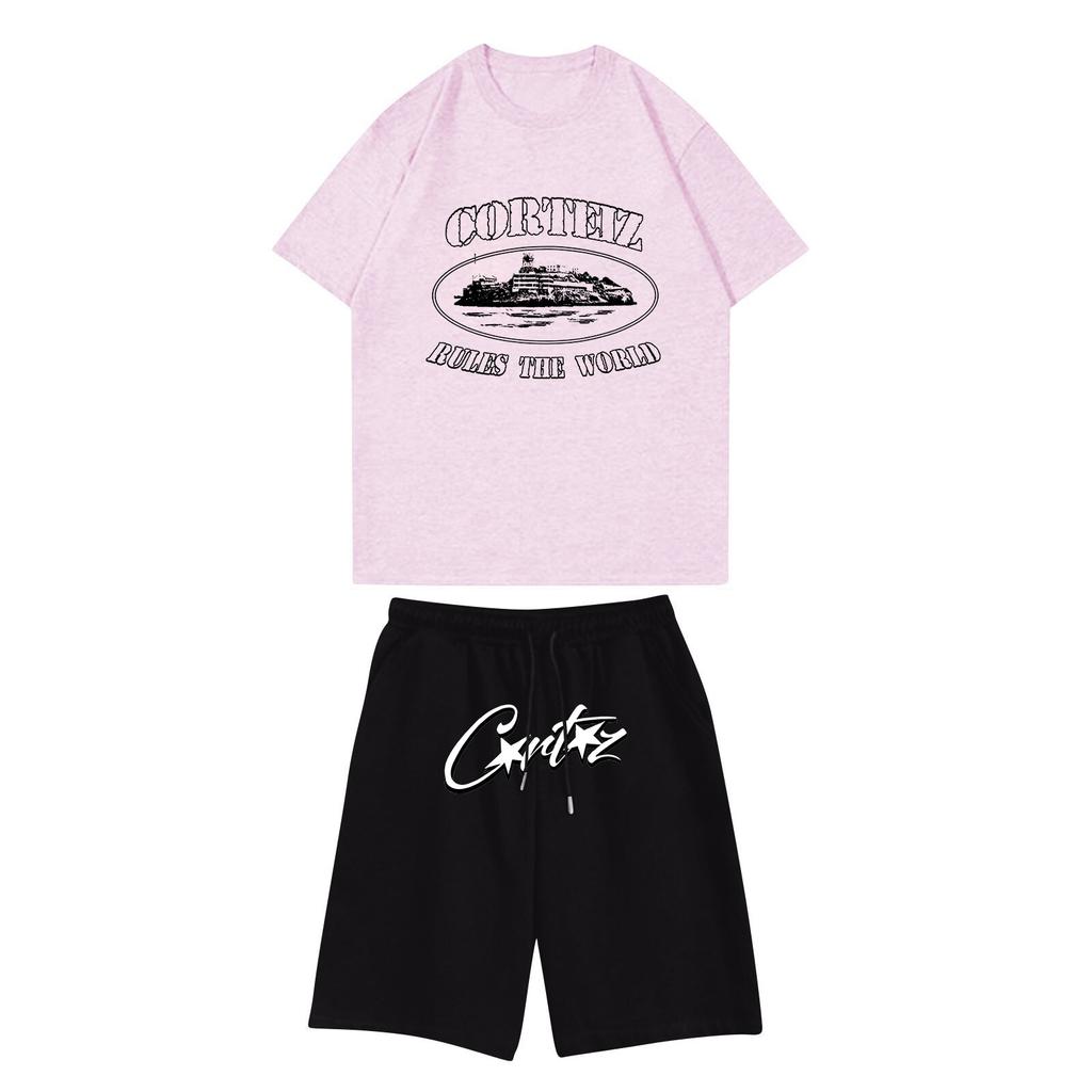 Unisex Jogging Set Summer Casual Printed Round Neck Short Sleeve T-Shirt + Shorts Set Sports Suit
