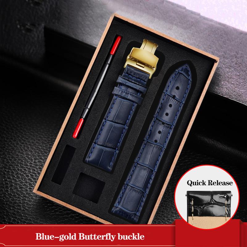 Leather Watchband Black Blue Cowhide Strap Butterfly Buckle Fits All Brands of Watches Men Women 12/14/15/16/18/19/20/22/23mm