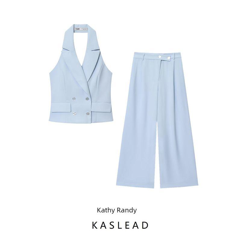 Kaslead New Women clothes Western Style Double Placket Neck Collar Vest Pleated Pants 1608124 1608024