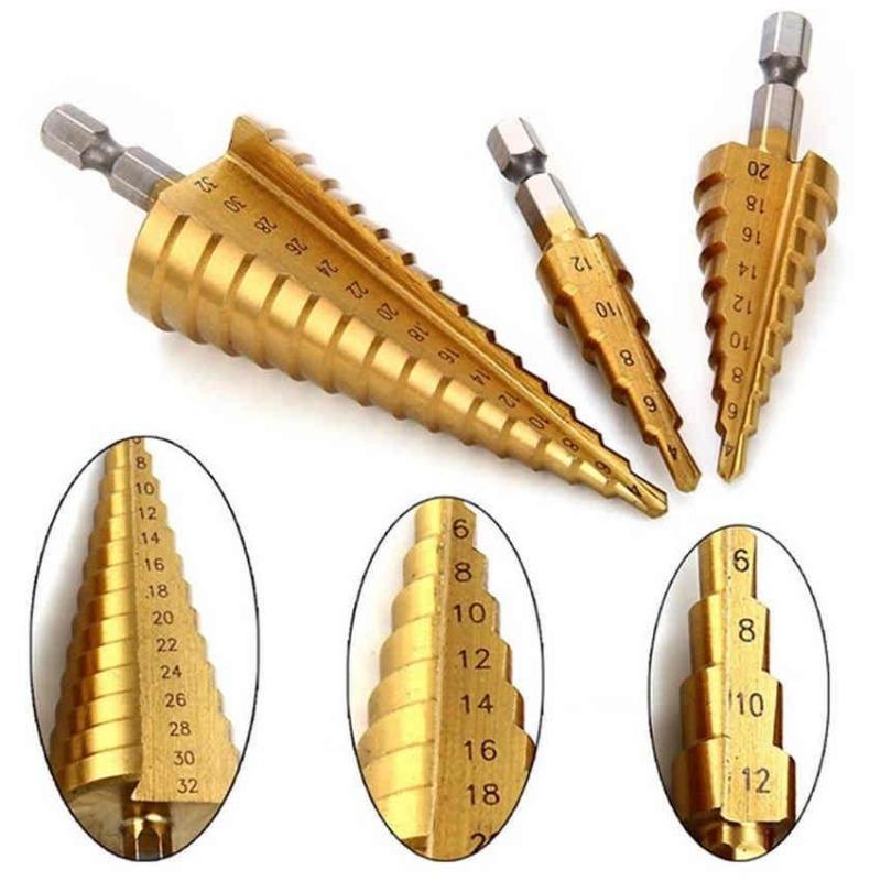 3Pcs Cloth Bag 3-12 4 -12 4-20MM HSS Straight Fluted Pagoda Step Drill Hex Shank Reamer Bit Set Titanium Coated Wood Metal Hole