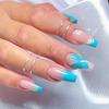 Blue Gradient Butterfly Nail Tips with White Flower Stickers - French Manicure Style