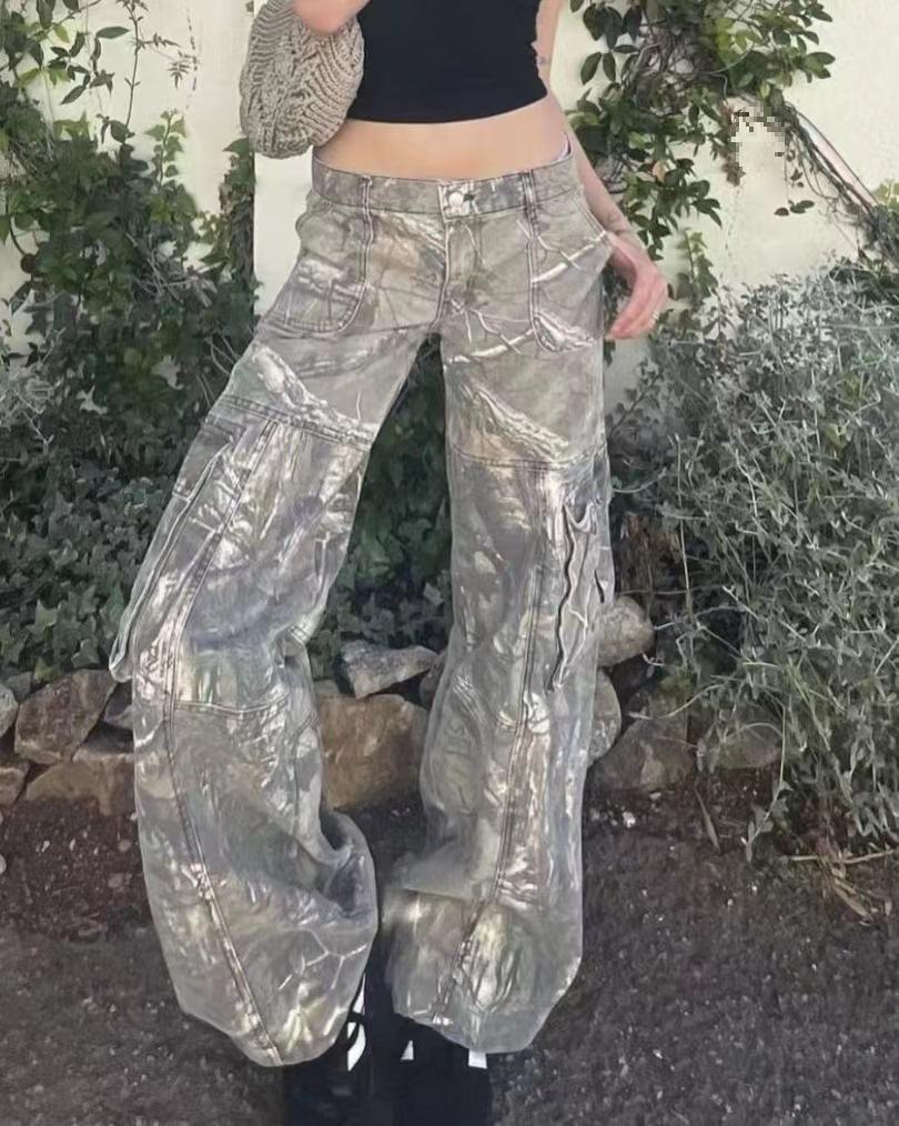 European American Autumn Camouflage Workwear: Spicy Girl Low Waist Straight Loose Pocket Pants for Women L