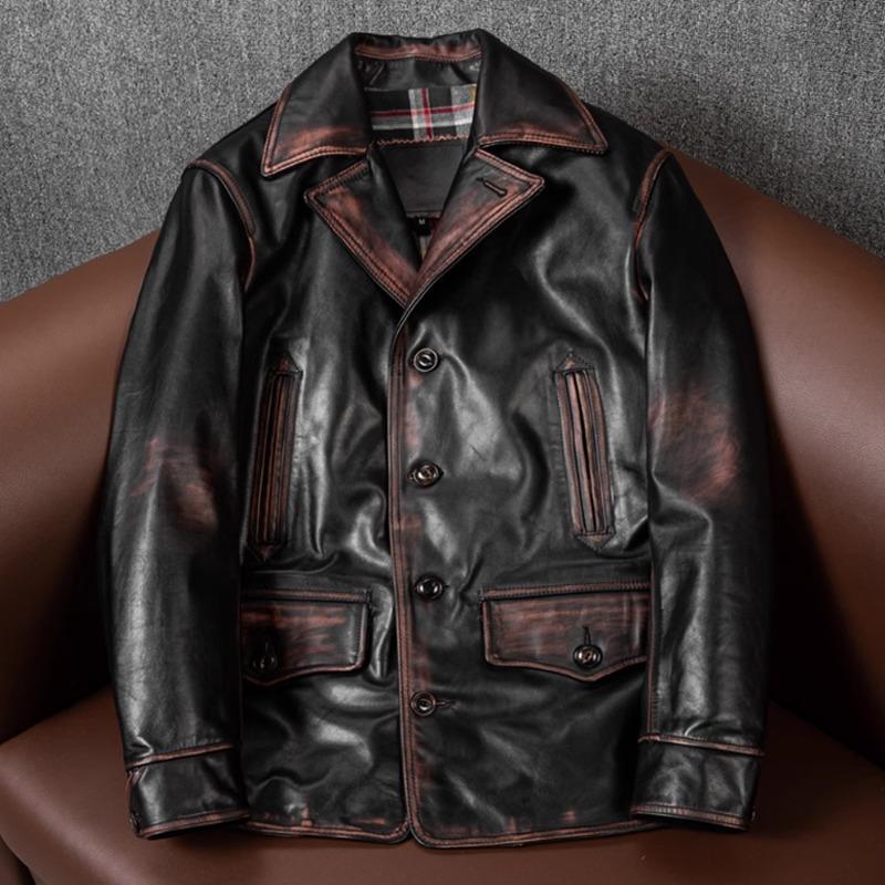 Vintage Handmade Distressed Vegetable Tanned Horsehide Leather Jacket for Men Oversize Long Coat