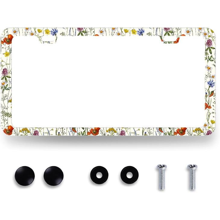 Blue Boho Flowers License Plate Frame Stainless Steel Holder 12.2" X 6.2" | Cute Floral License Plate Personalise Auto Parts for Men Women Car