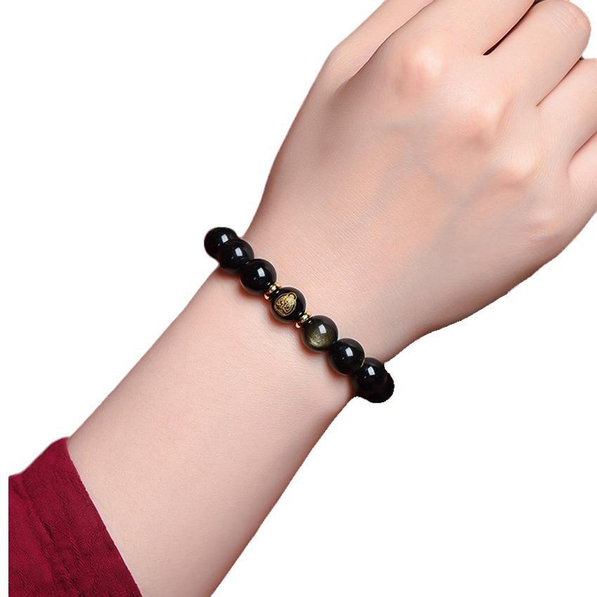 Natural obsidian zodiac Buddha bracelet for men and women, zodiac round bead single-loop fashion six-character mantra bracelet jewelry