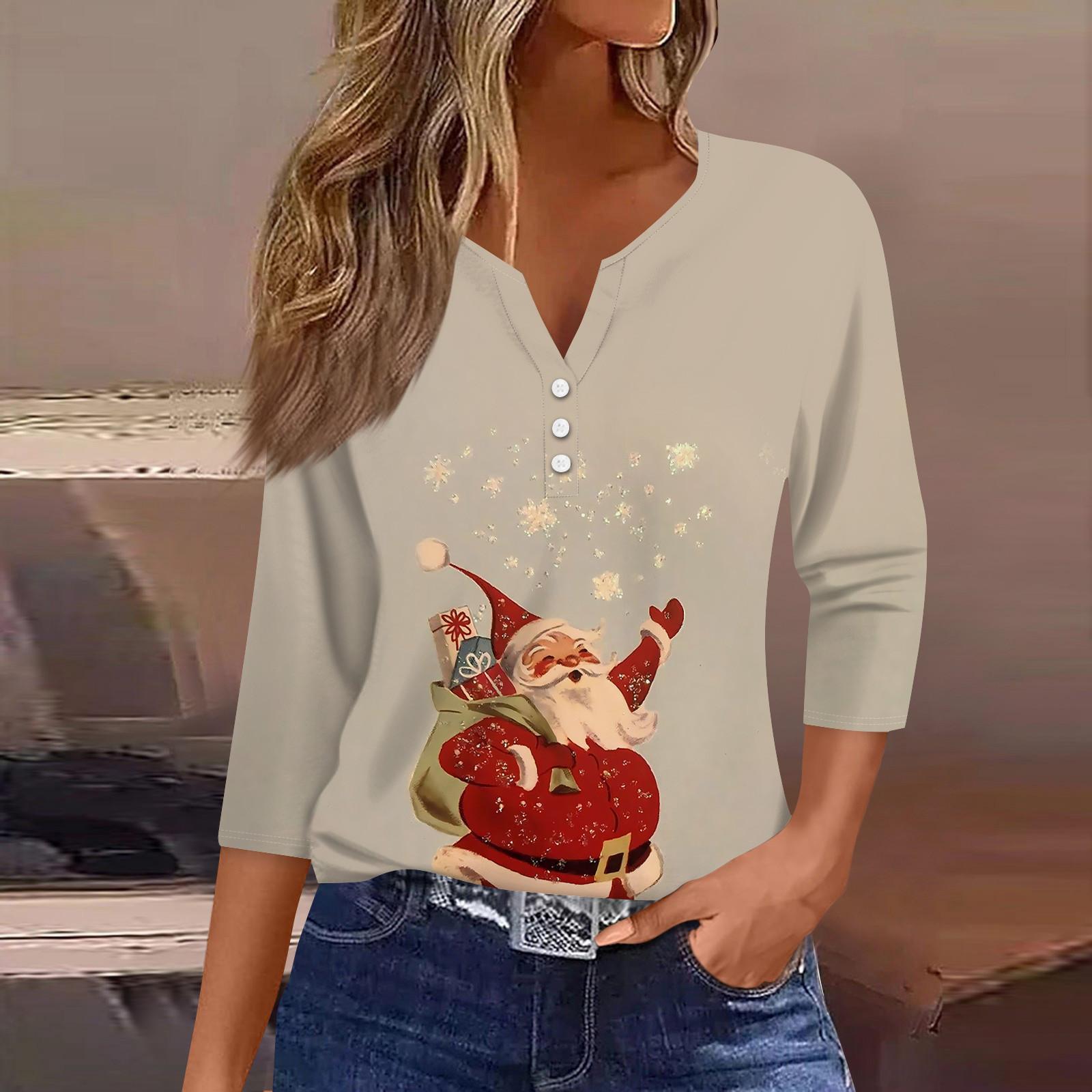 

Женская мода повседневная рубашка с рукавом три четверти и рождественским принтом XXL