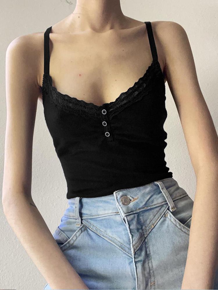 VAYLA Sexy Folds Buttons Sleeveless Crop Top Black Vintage Y2K Corset Tops  Casual Basic T-shirt