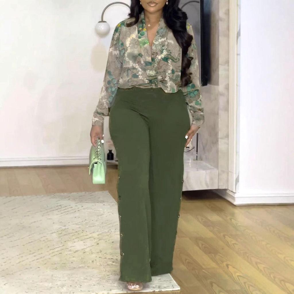 European & American V-neck Shirt and Wide-leg Pants Set