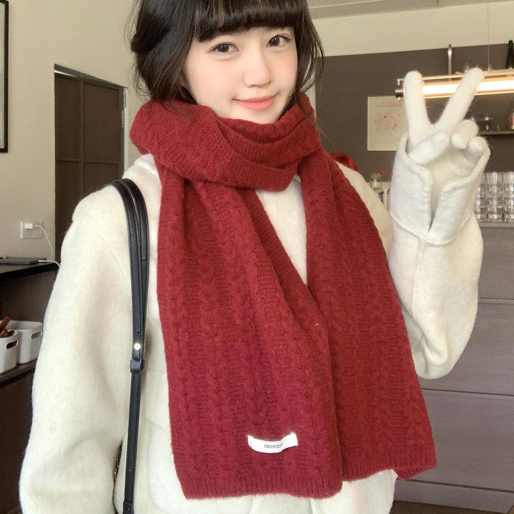 Angola Damen Roter Wollstrickschal: Warmer, Verdickter Schal, Koreanischer Stil, Ideal für Herbst/Winter.
