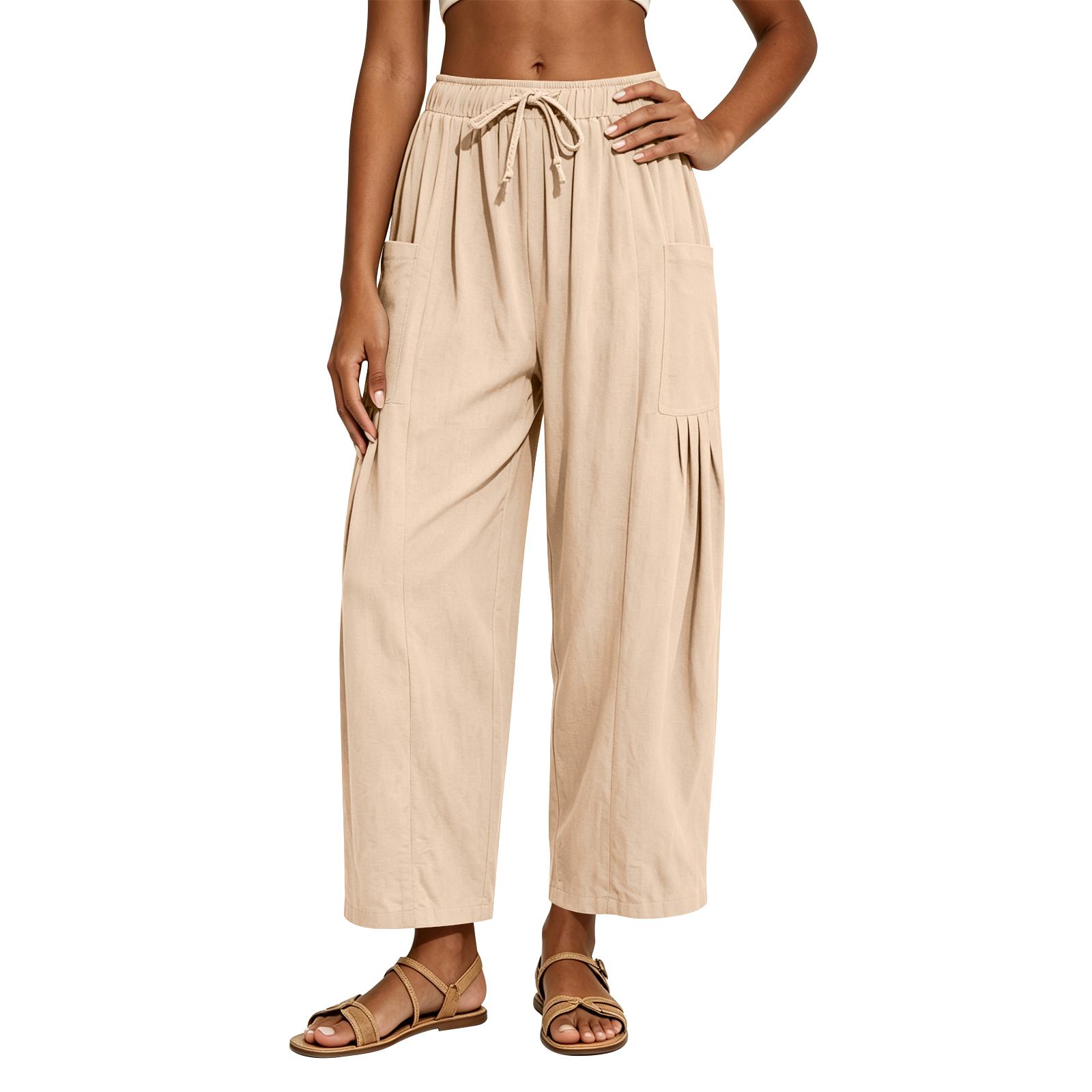 

Women Loose Fit Wide Leg Pants Casual Cotton Linen Long Trousers with High Elastic Waistband and Pockets for Everyday Wear XL бежевий