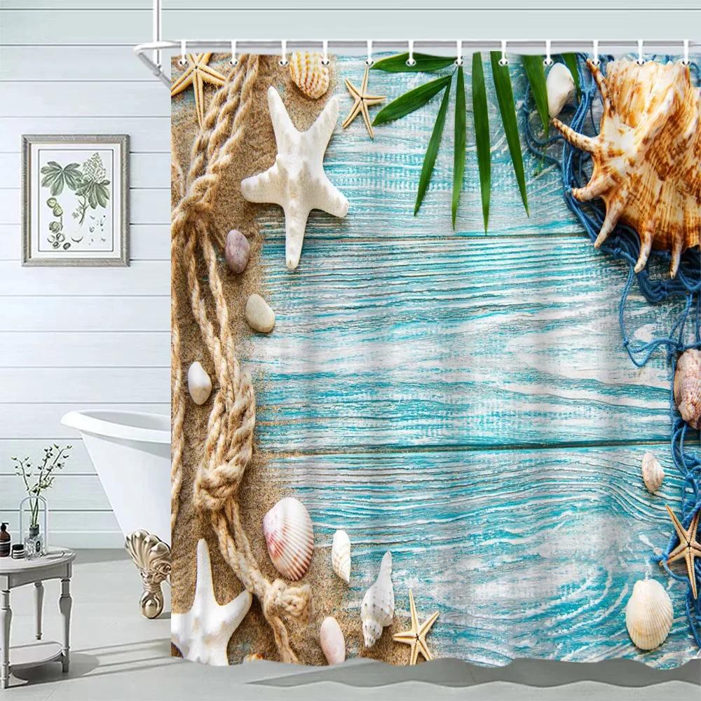 Seashell Shower Curtain Summer Beach Starfish On The Coastal For Bathroom Curtain Polyester Fabric Bathroom Accessories Set