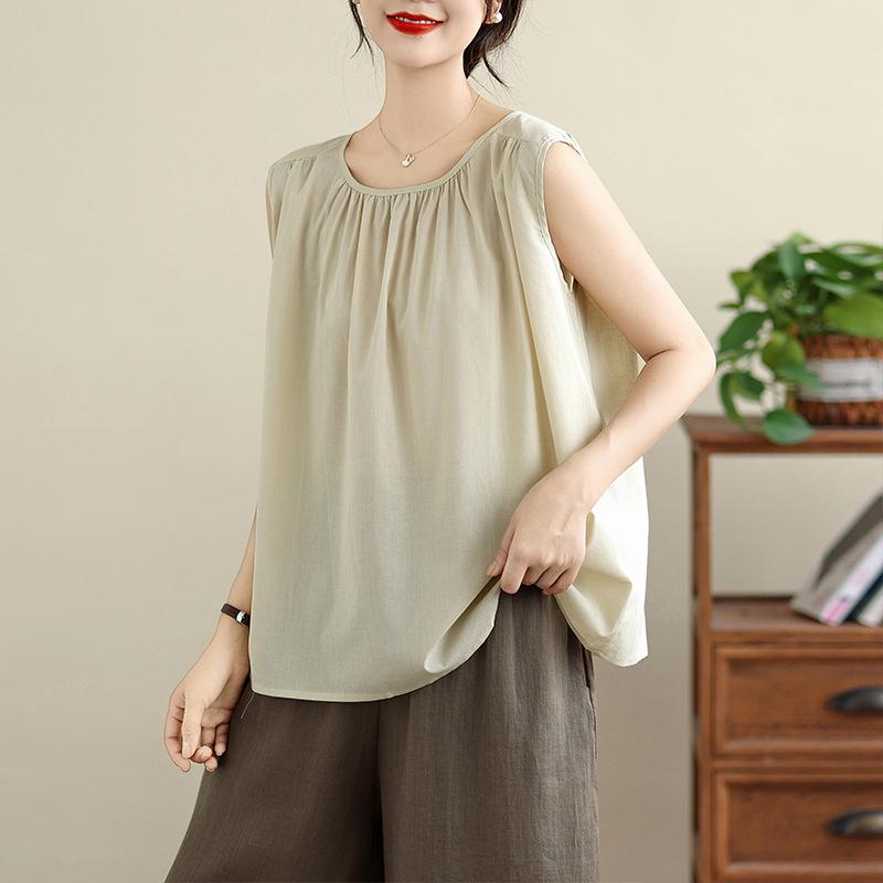 1116 light ramie vest women's summer loose large size design back single-breasted round neck sleeveless top