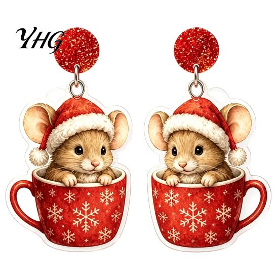 Christmas Mouse Earrings 1 Pair Cute Acrylic Earrings, 2D Flat Cartoon Animal Dangle Holiday Party Accessories Drop for Women, Glitter Star