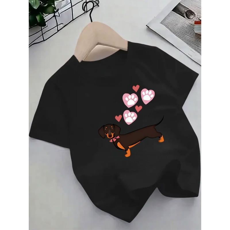 

European sizes Cute Dachshund Pattern Kids T-Shirt | Casual Summer Knit Top with Heart Paw Print Design, Regular Fit, Crew Neck 164cm чорний