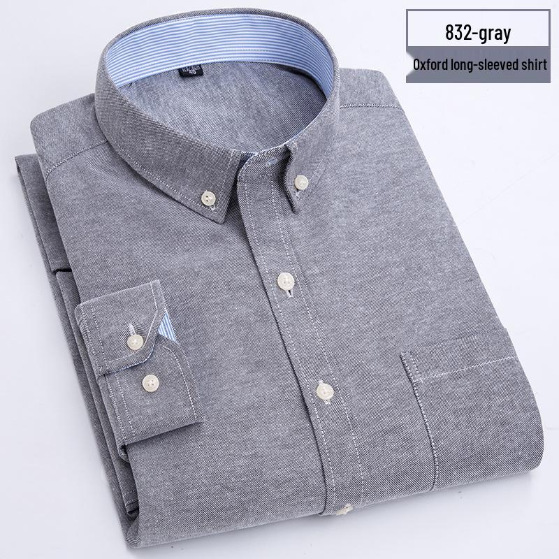 Men's Oxford Cloth Button-Down Shirt - All-Season, Long-Sleeved, Contrast Collar, Casual Cardigan Style for Middle-Aged and Elderly