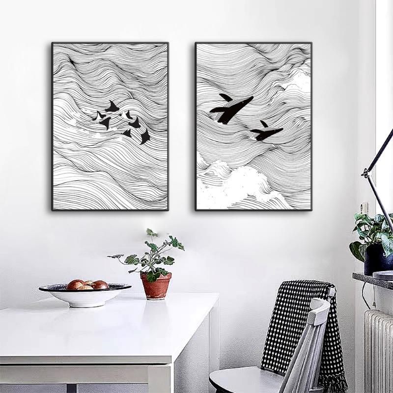 Waves Line Art Pictures Surfing Penguin Manta Dolphin Whale Prints Canvas Painting for Home Living Room Decoration
