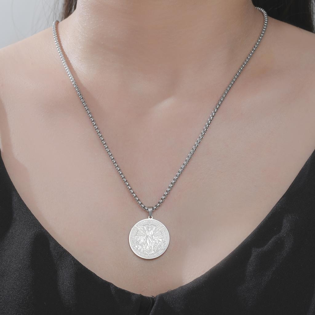 Guardian Angel Coin Pendant Necklace Stainless Steel Engraved Christian Catholic Protective Amulet Medal Jewelry For Men Women