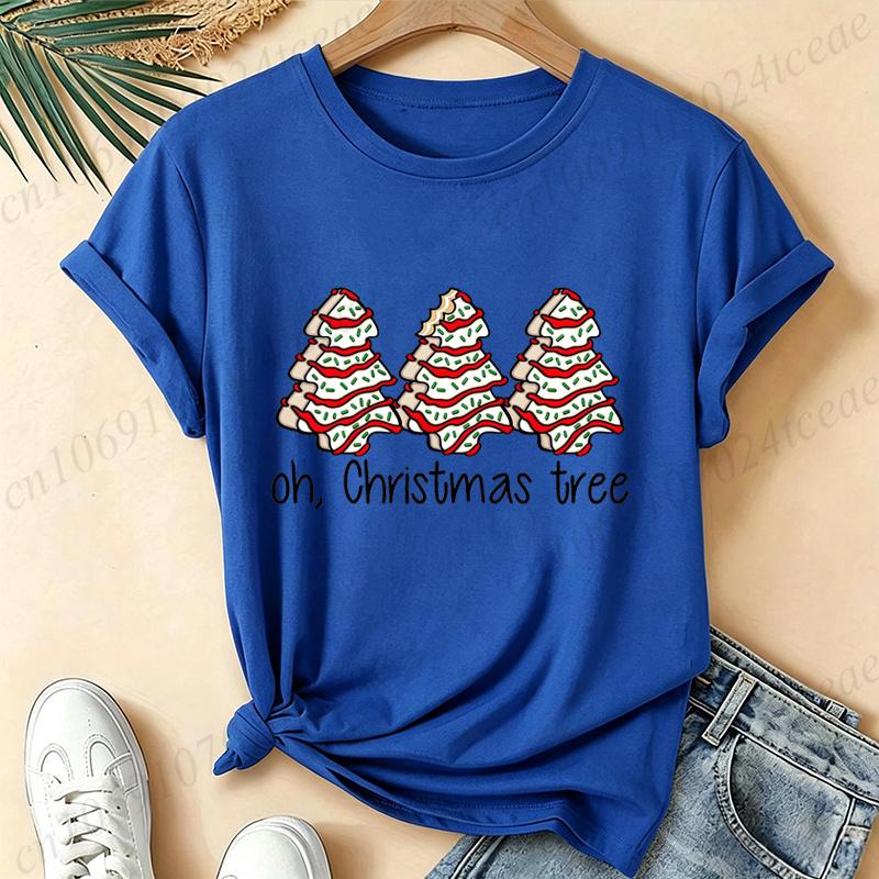 Women Oh, Christmas Tree Graphic T Shirt Vintage Aesthetic Tees Snack Cakes Christmas Print Short Sleeve Casual Streetwear Top