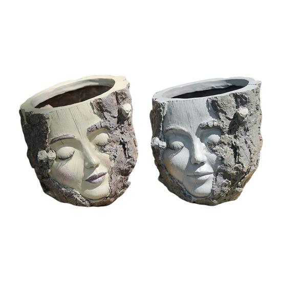 Handmade Girl Face Stump Planter 5" Resin Head Tree Stump Flower Vase with Drainage Hole for Outdoor Garden Patio Desk Decor