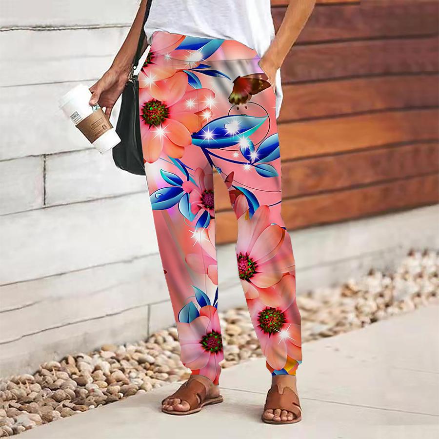 

Женские брюки с цветочным принтом на шнуровке, с эластичной талией, свободные брюки, повседневные длинные брюки, брюки с карманами 8XL красный