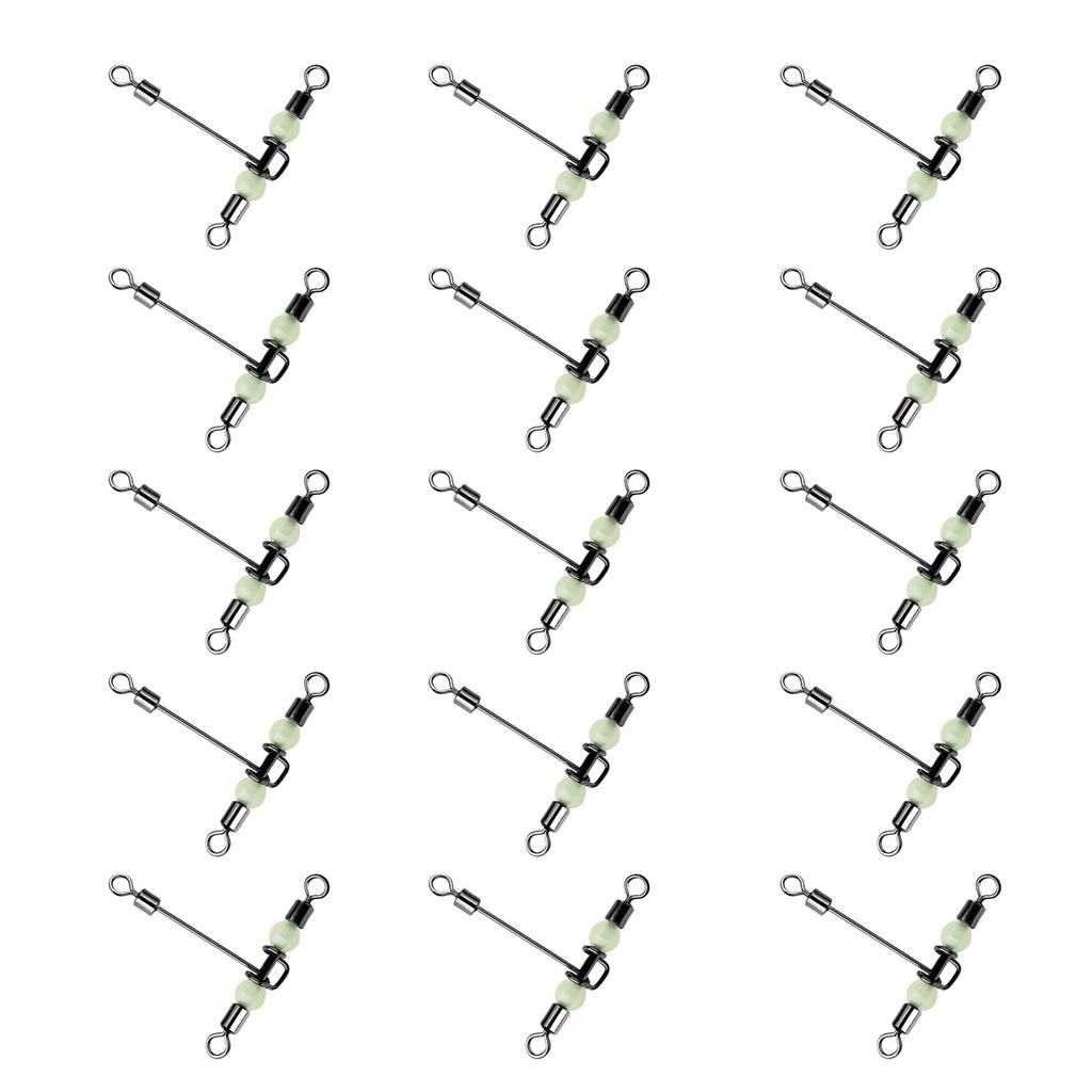 15Pcs Barrel Rolling Swivels Fishing Tackle with Luminous Beads Cross Line Swivels T Shape Swivel Catfish Rig Swivels