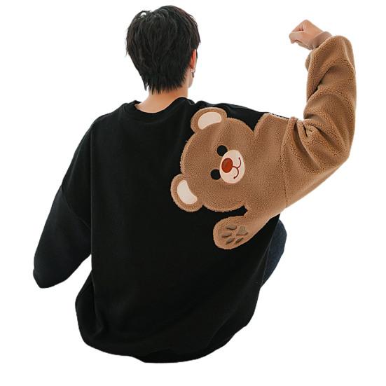 Мужская толстовка с напуском и вышивкой медведя, свободная флокированная студенческая толстовка для повседневной носки XL чёрный