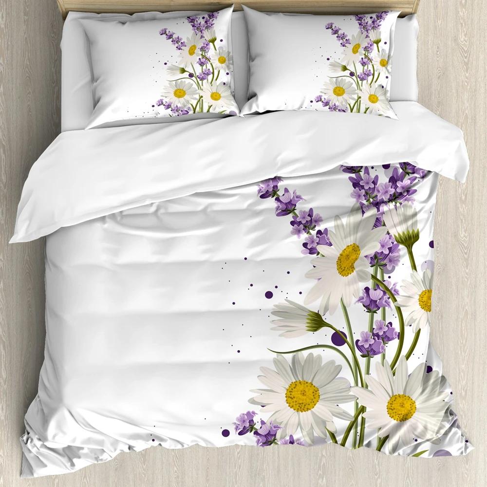 Lavender Duvet Cover SetPastel Cornflower Bridal Classic Design Gentle Floral Print Wedding Decor Bedding SetViolet White Pink