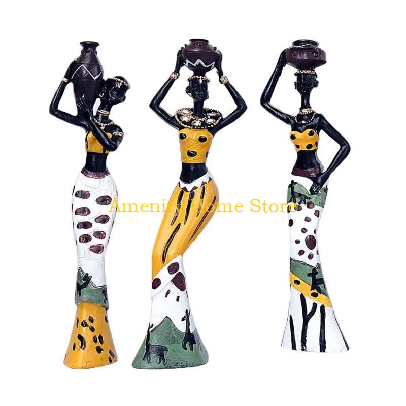 

F26C African Lady Resins Sculpture Pack of 3 Ethnic Tribal Woman Abstract Statues Figurine Decors for Office and Bedroom Home
