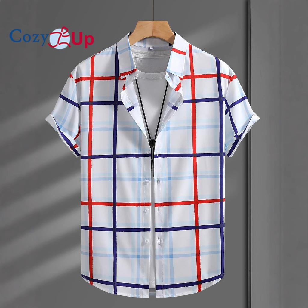 Men's Blue Red Plaid Men's Short Sleeve Shirt Men's Shirt Summer 2025 New