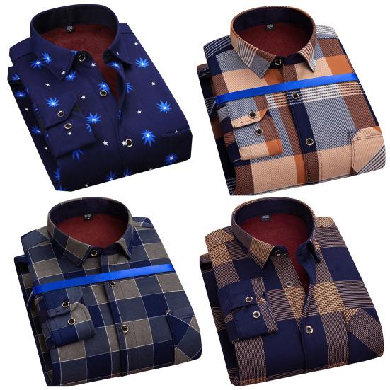 Men Spring Fall Shirt Formal Business Style Thick Plush Color Matching Plaid Print Vintage Soft Single-breasted Buttons Cardigan Plus Size Mid-aged