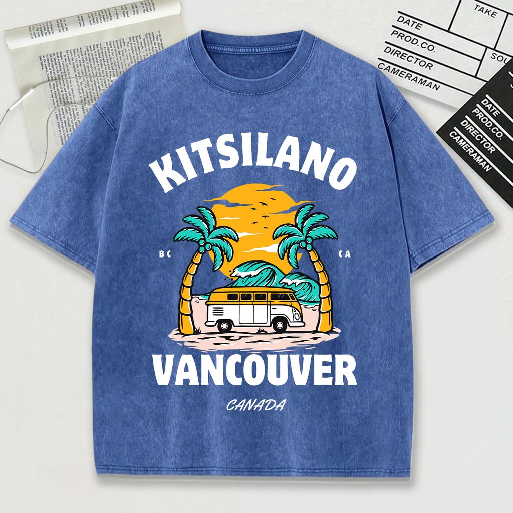 Kitsilano Vancouver Summer Design Retro Male T-Shirt Summer Comfortable Soft Short Cotton Loose Snow Wash Top Trendy O-Neck Tee
