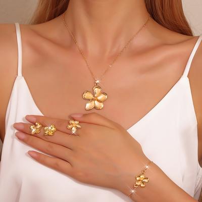 5-teiliges/Set Trendiges Metall 5-Blütenblatt Blume 3D-Textur Anhänger Ohrringe Ring Set, Süße & Elegante Florale Flache Kette, Zartes Nischen-Desi