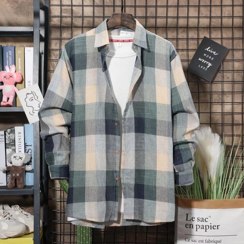 

Men s casual plaid long-sleeved shirt men s loose spring and autumn trendy Korean style shirt XL зелений