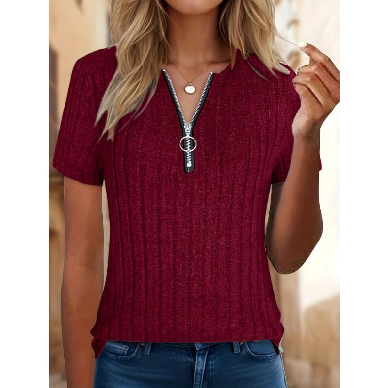 Ladies Casual Elegant Short Sleeve T Shirt Zipper Design Spring Summer Autumn Daily Wear