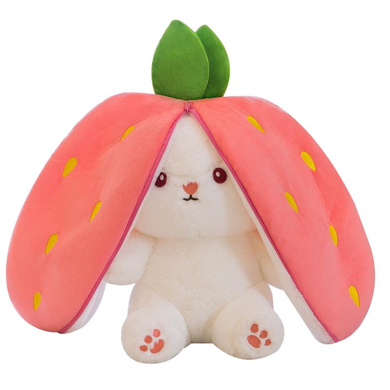 Strawberry Bunny Plush Toy with Big Ears and Carrot Stuffed Doll