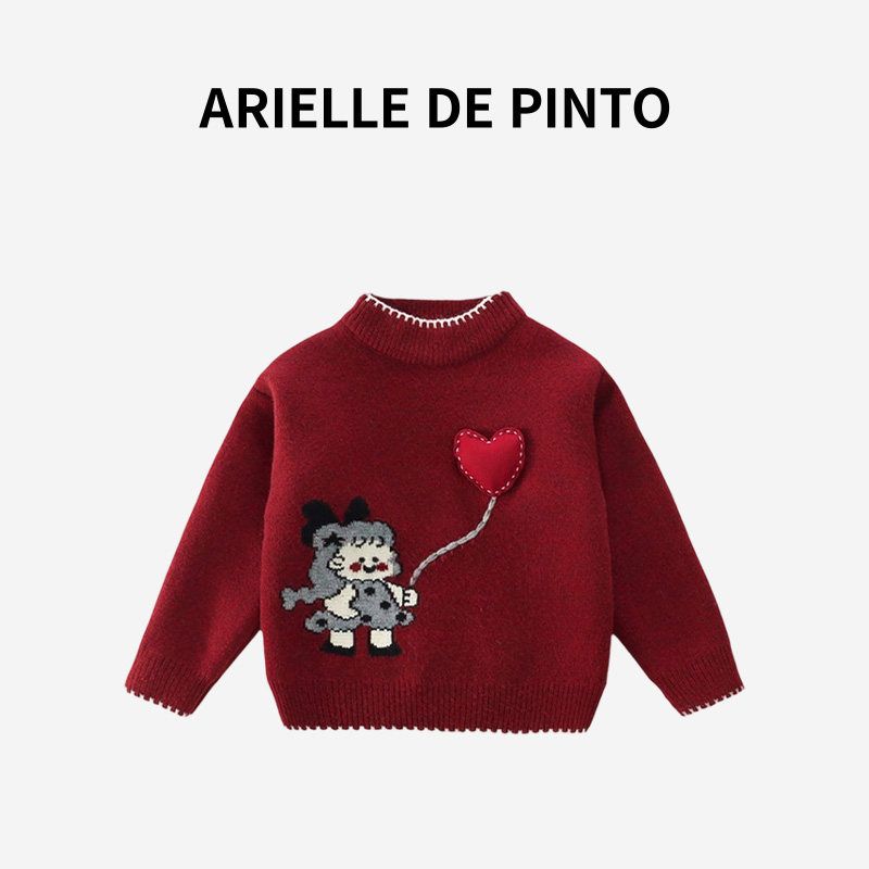 Французская Arielle De Pinto Детский трикотаж Осенне-зимний стиль Корейский стиль Универсальный Утепленный свитер для маленьких девочек Red 90