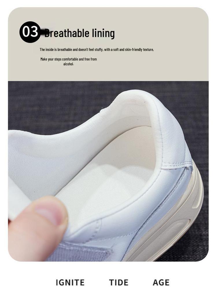 Women's White Platform Sneakers - 5cm Height Boost, Autumn Casual, Velcro, Thick Sole, Genuine Leather.