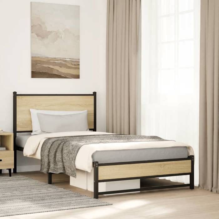 VidaXL Metal Bed Frames with Sonoma Oak Headboard 100x200 Cm, Single Bed, Bedroom Furniture, Bed 4007881
