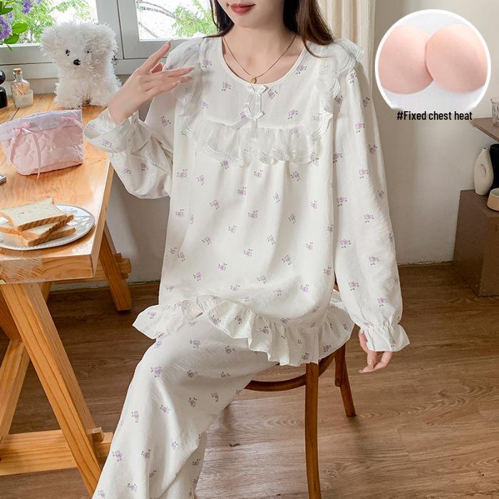 Women's Princess Style Cotton Pajama Set with Padded Bust - Lace Trim Long Sleeve for Spring/Autumn