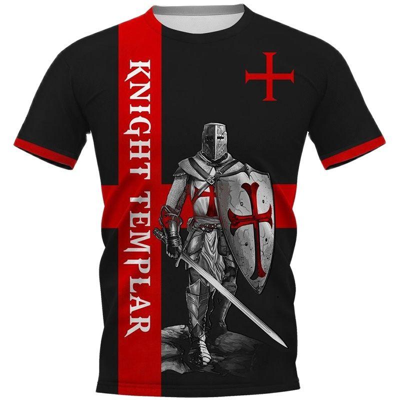 Rundhalsad 3D-tryckt T-shirt med Tempelriddare, Casual Kortärmad Herr-T-shirt - Mjukt Medium Stretchigt Polyestertyg, Sommar, Avslappnad Passform