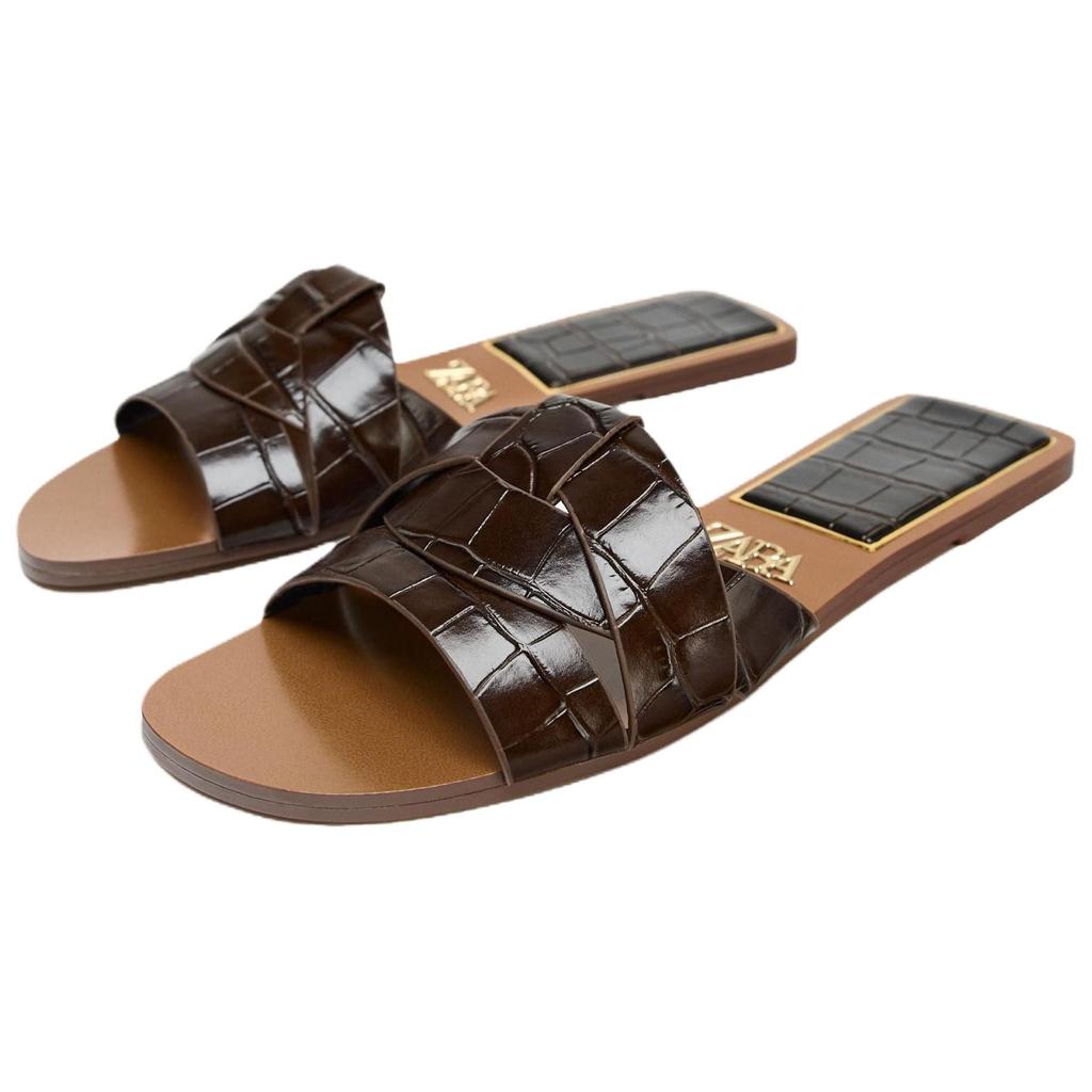 Zara Retro Versatile Trendy Chocolate Embossed Flat Leather Non-Slip Slide Sandals Women Sandals Brown 12612510116