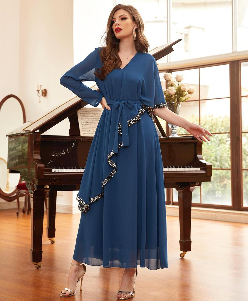 Muslim Dress Purple V-neck Double Layer Chiffon Sequins Irregular Slim Dress