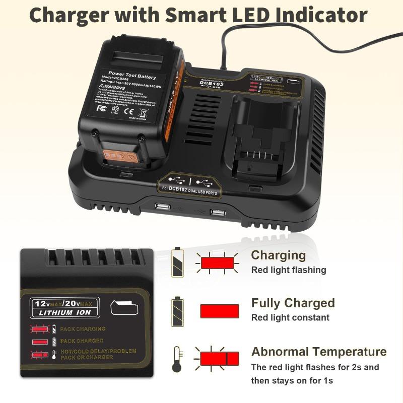 DCB102 Dual-Port Rapid Charger Replacement Charger Power Tool Battery Charger Compatible with For 20V Lithium Batteries